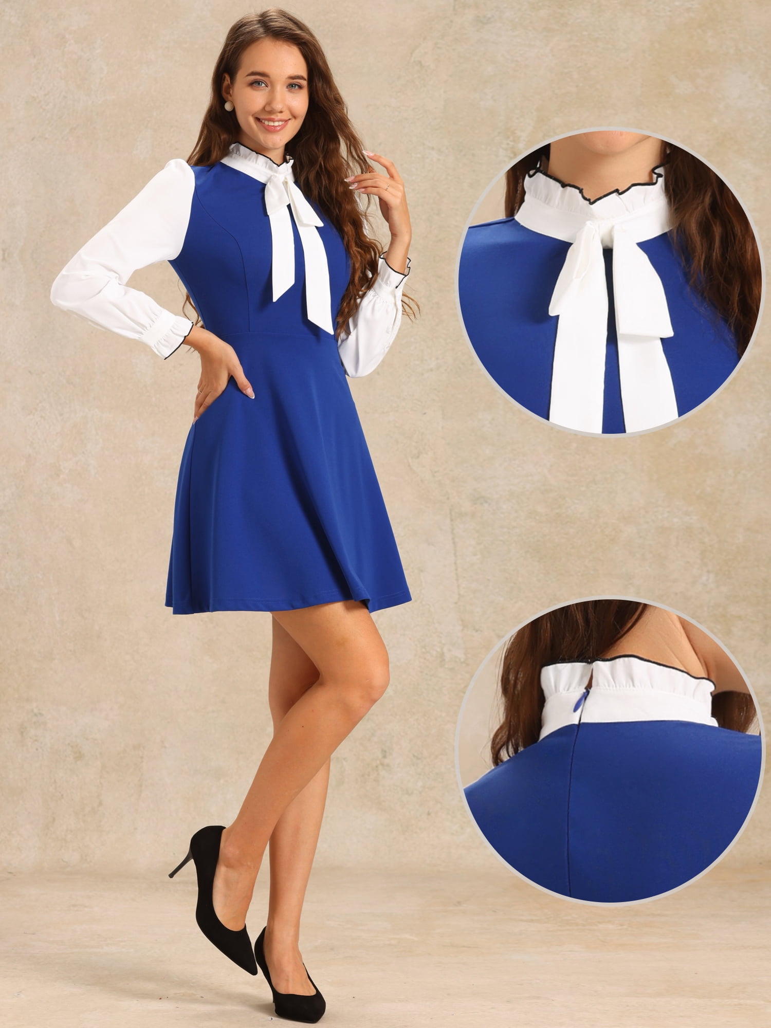 DARING DIVA Contrast Tie Neck Long Sleeve Elegant A-Line Dress M Royal Blue