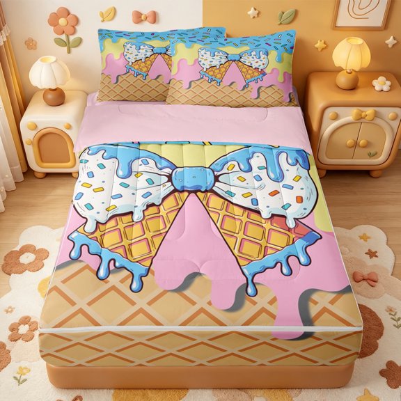 Manfei Watercolor Bowknot Zipper Twin Comforter Sets with Fitted Sheet and 2 Pillowcases,Drippy Ice Cream Pattern Zipper Bedding Set,Pink Reversible,4-Piece