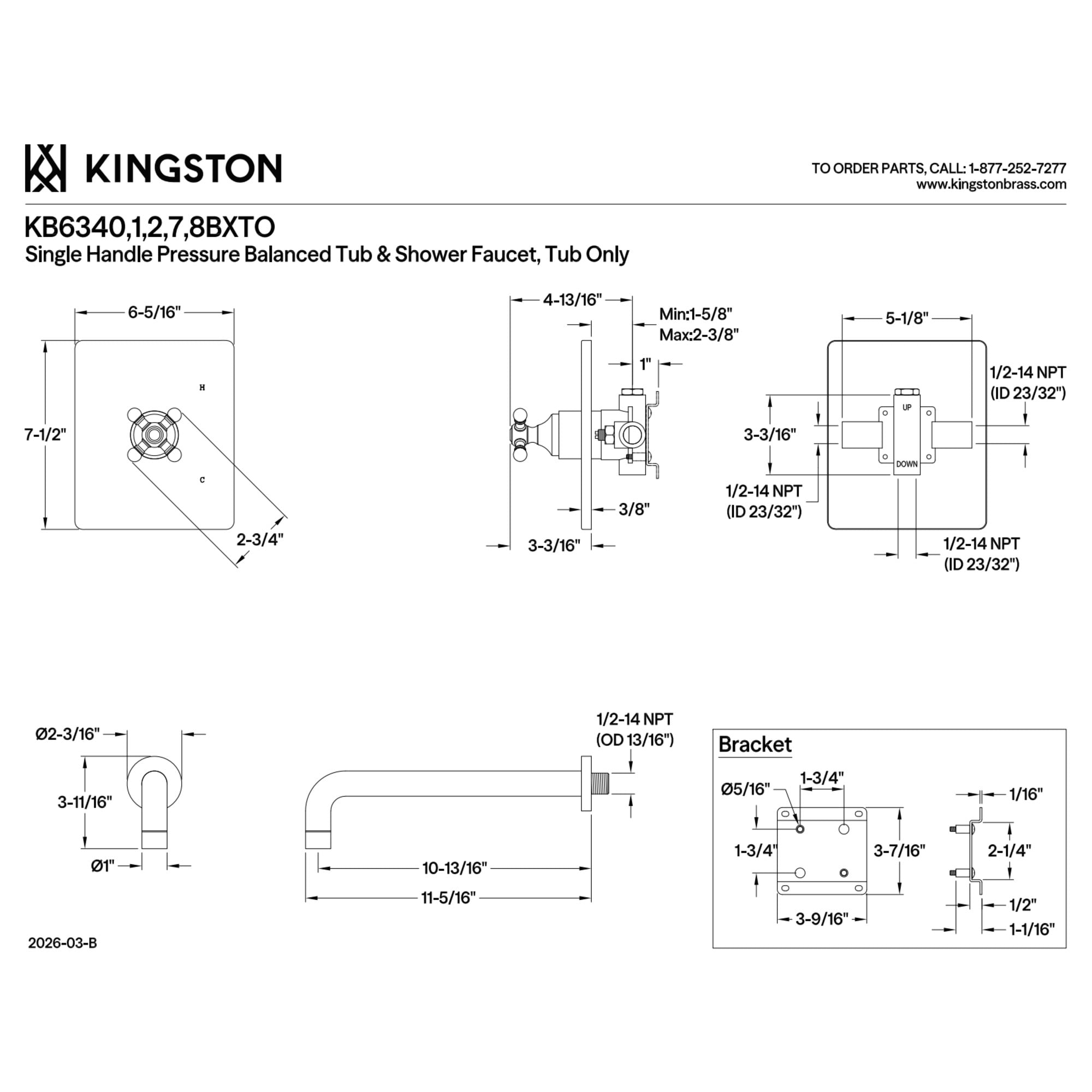 Kingston Brass KB6342BXTO Metropolitan Single-Handle Pressure Balanced Tub Faucet in Polished Brass