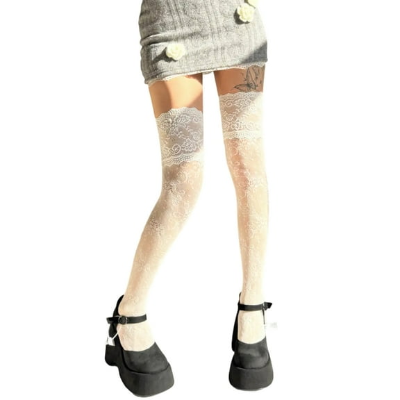 Huhudde Women Hollowed Flower Patterned Mesh Over Knee Long Socks Full Lace Thigh High Boot Stockings Lingerie Hosiery