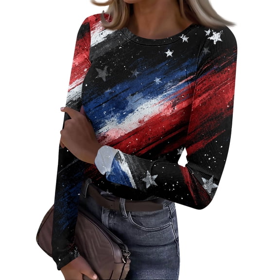 Womens Round Neck Independence Day Print Long Sleeve Ribbed Top Soft Casual Holiday Wear for Patriotic Parties Barbecue