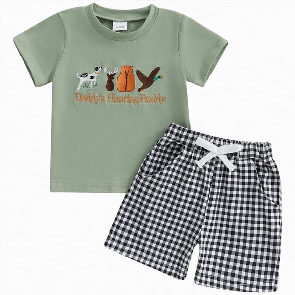 mgoYE Toddler Boy Clothes 18-24 Months Toddler Baby Boy Hunting Outfit Summer Short Sleeve Duck T-shirt Checkered Plaid Shorts Two Piece Clothes(Green,12-18 Months)