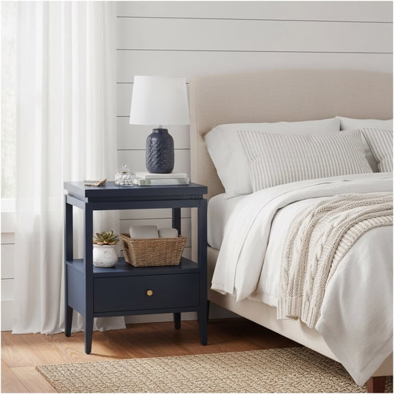 JERFIT Modern Nightstand with Drawer, Dark Blue Bedside Table with Shelf & Hidden Tray, Solid Wood & MDF Bedroom Furniture with Gold Pulls, Tapered Legs
