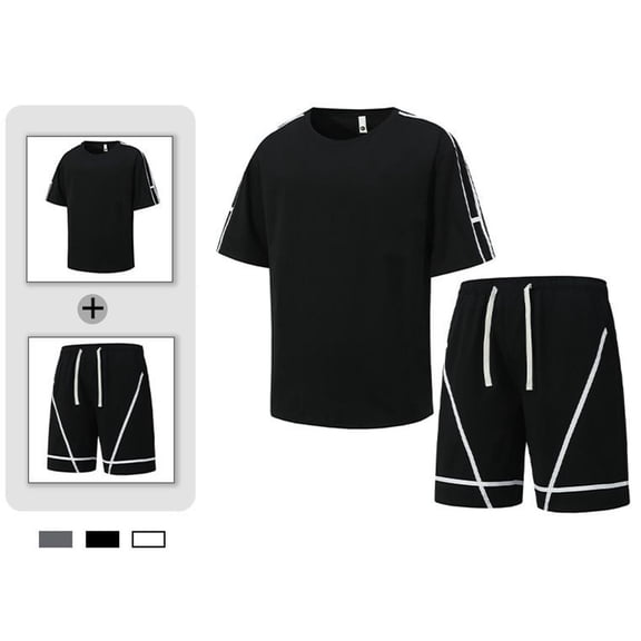 LIBRCLO Sweatsuits for Men Set 2 Piece No Hood Tracksuits Crew Neck Summer T Shirt & Shorts Set Sports Outfits Sets with Pockets Black M