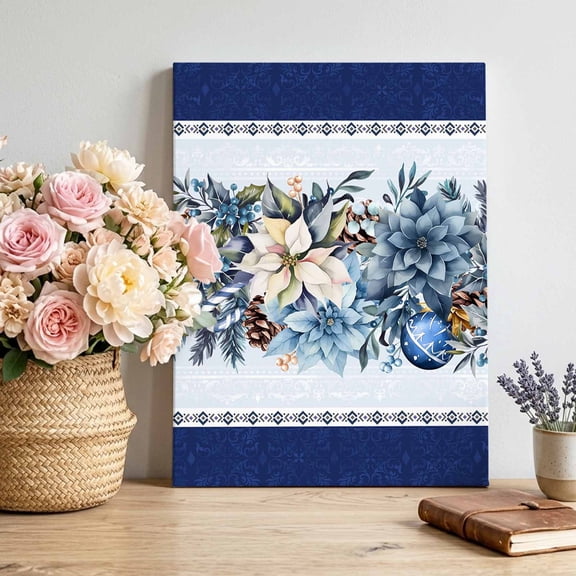 Canvas Wall Art, Navy Blue Christmas Framed Canvas Prints for Living Room Bedroom, Poinsettia Xmas Ball Berry Winter Large Gallery Wrapped Wall Decor for Home Office, Gifts, 16"x20" Ship Next Day