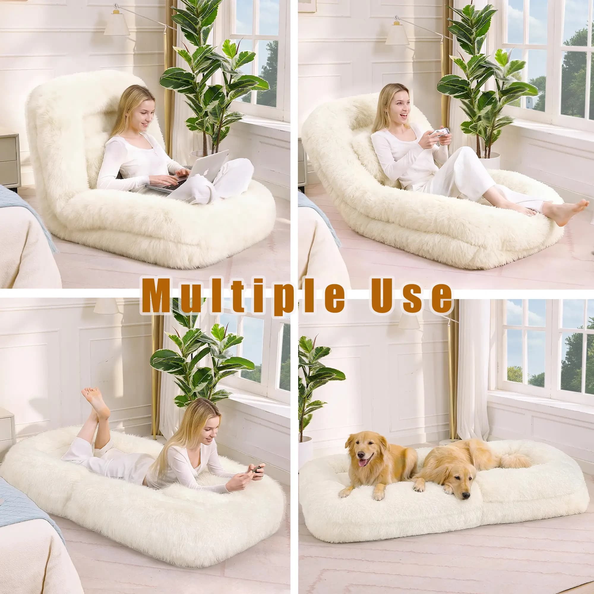 Aukfa Fold Lazy Sofa Bed, Floor Chair Small Couch with 5 Adjustable for Living Room, Plush Fabric,Beige