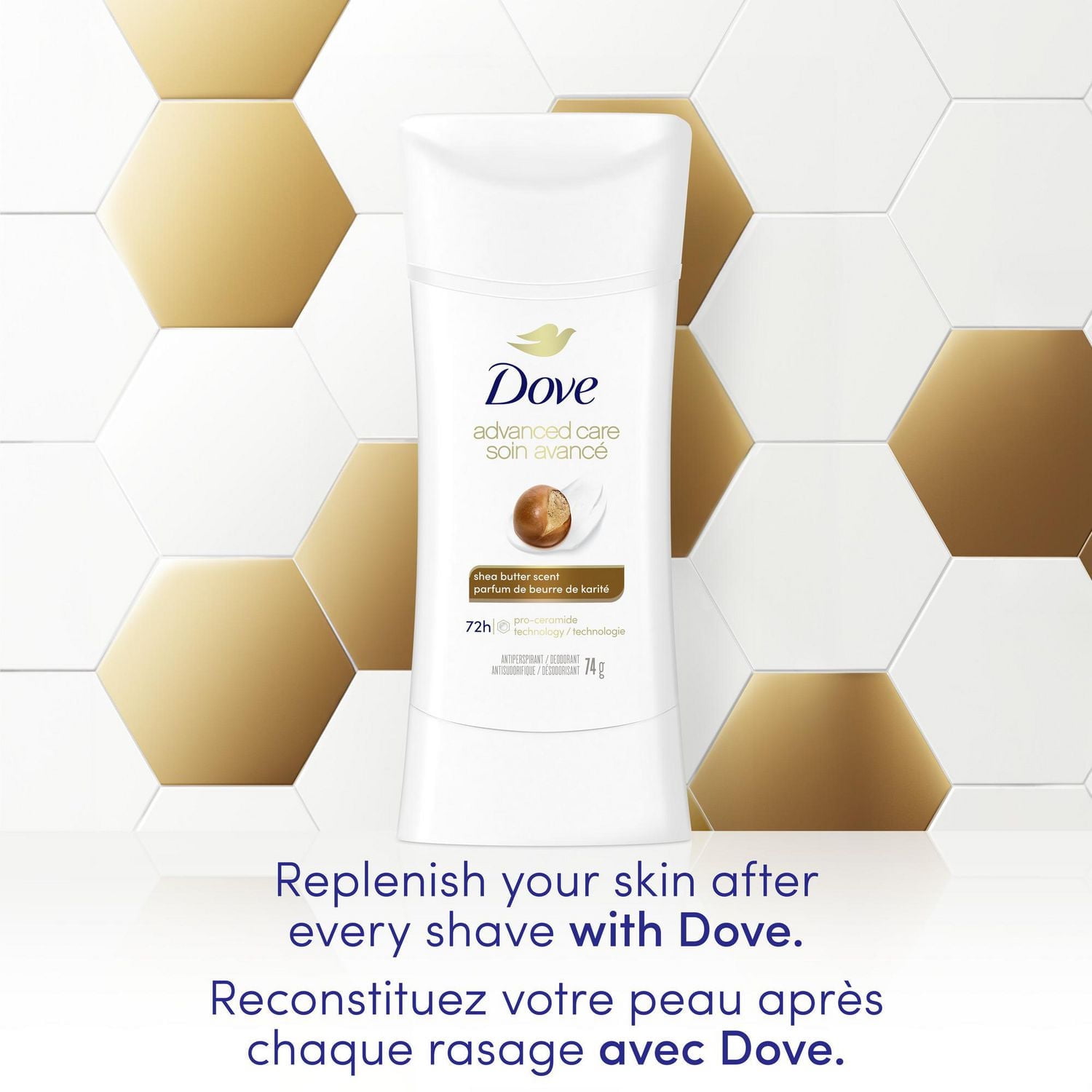 Antisudorifique désodorisant pour femme Dove Soin Avancé Parfum de Beurre de Karité avec technologie pro-céramides pour une peau douce et résistante 74g