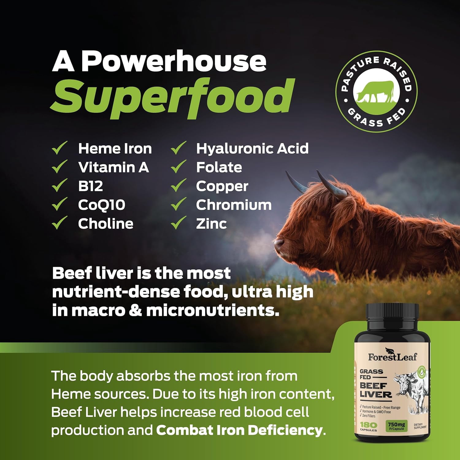 Forest Leaf Grass Fed Beef Liver Capsules Energy & Iron Supplement, 180 Count