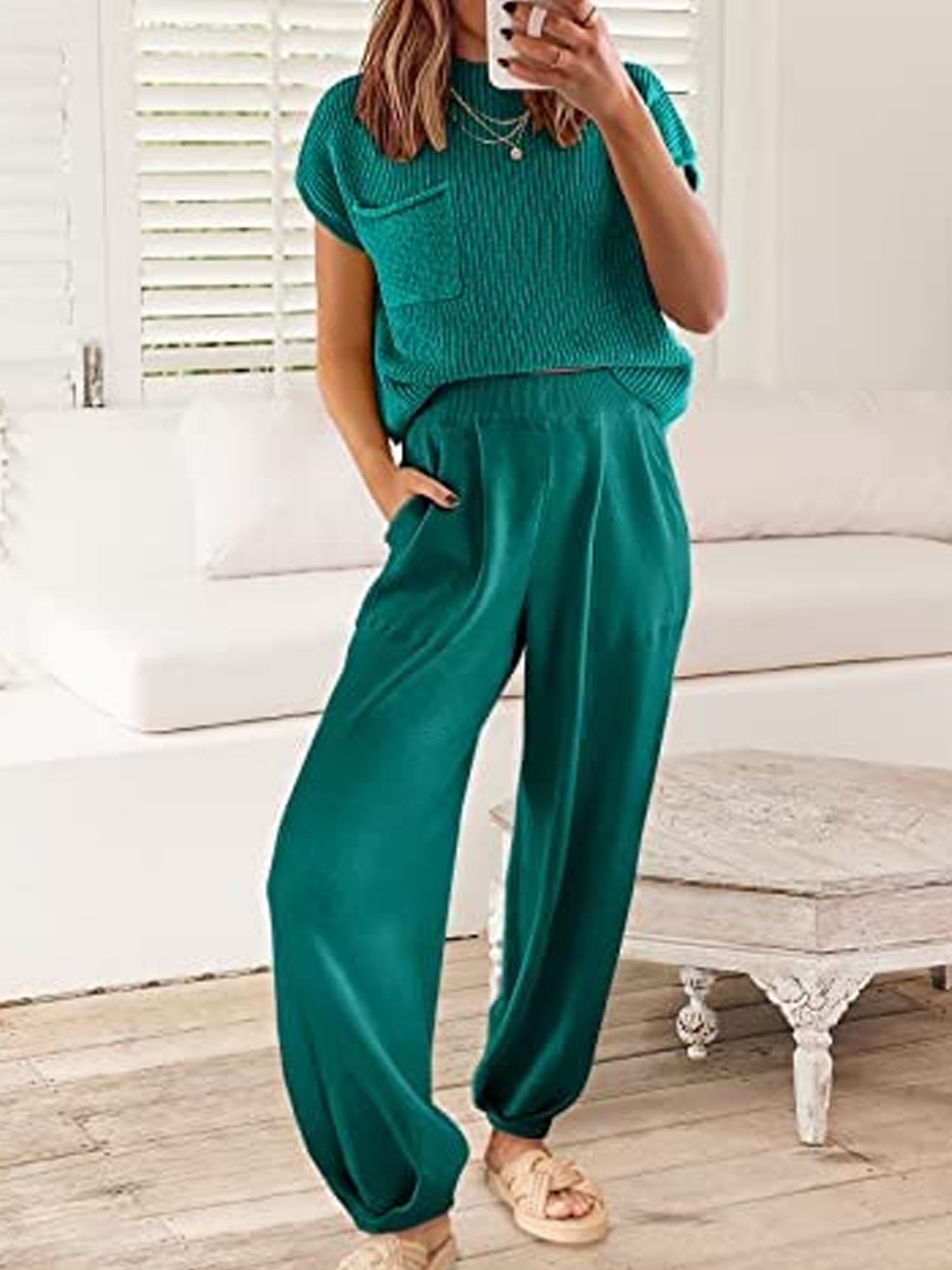 Women's Two Piece Outfits Sweater Sets Knit Pullover Tops and High Waisted  Pants Tracksuit Lounge Sets 