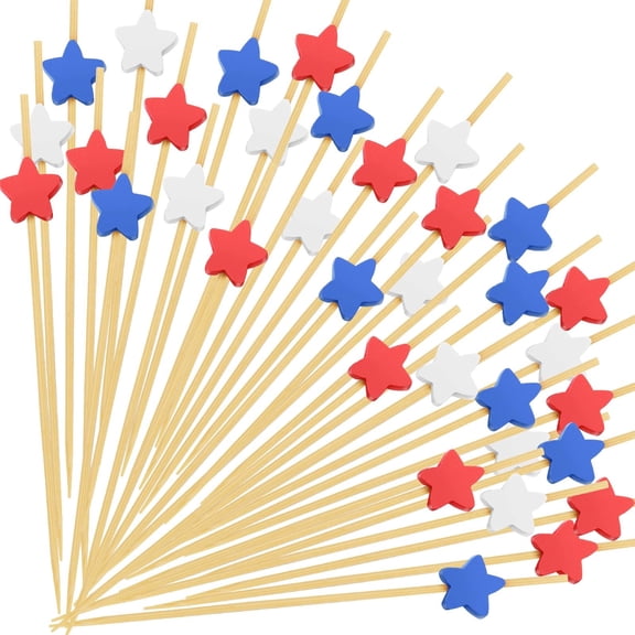 Cocktail toothpicks, Red White and Blue decorations, Patriotic decor, 6 in Bamboo Sticks, Appetizer Skewers, 100 Pc, Star Cutouts, independence Day Events
