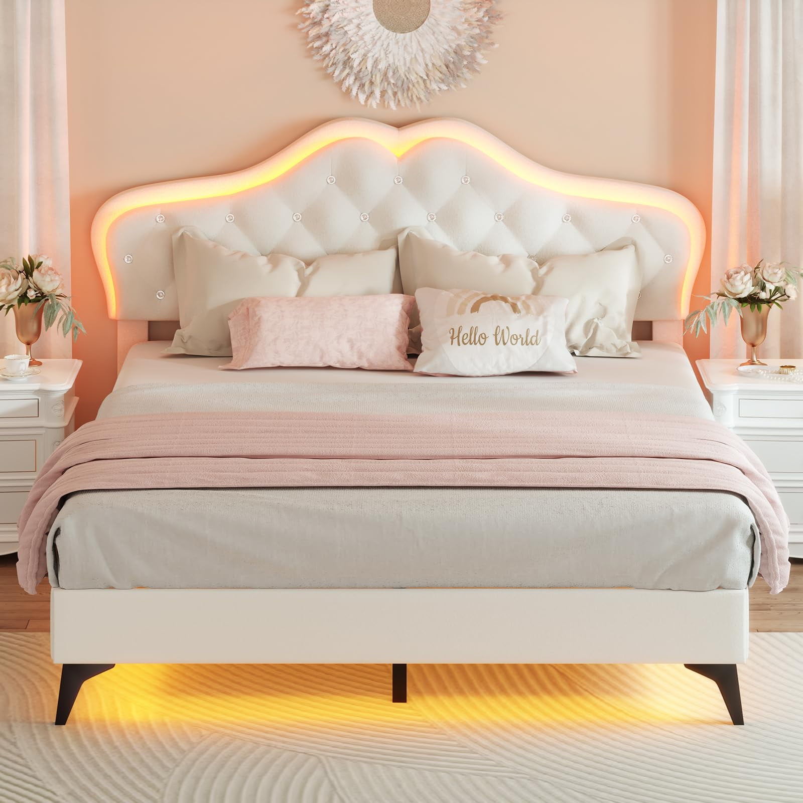 Afuhokles Full Size Bed Frame with LED Lights, Upholstered Platform Bed, White