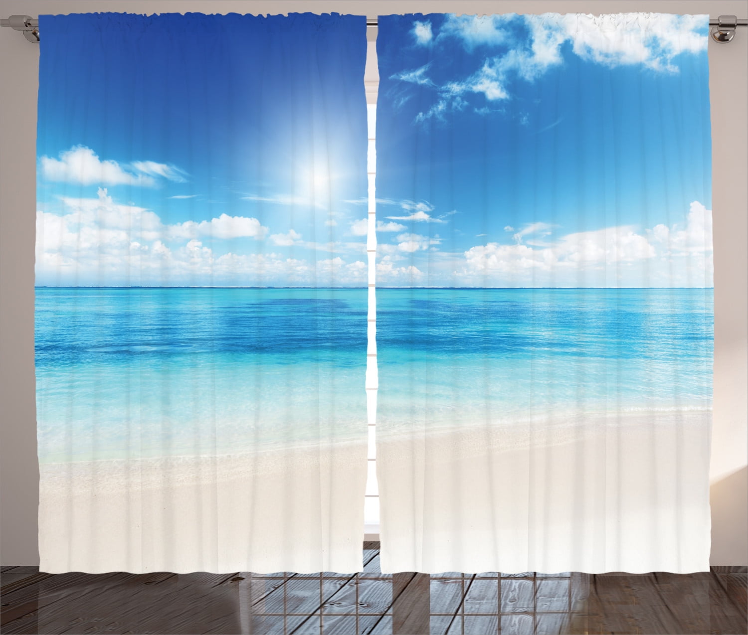 Ocean Decor Curtains 2 Panels Set, Golden Beach View from Caribbean Sea