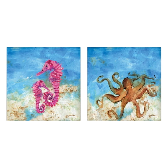 Nautical Blue and Brown Octopus and Seahorse Adult Coastal Decor; 2 - 12" x 12" Unframed Posters