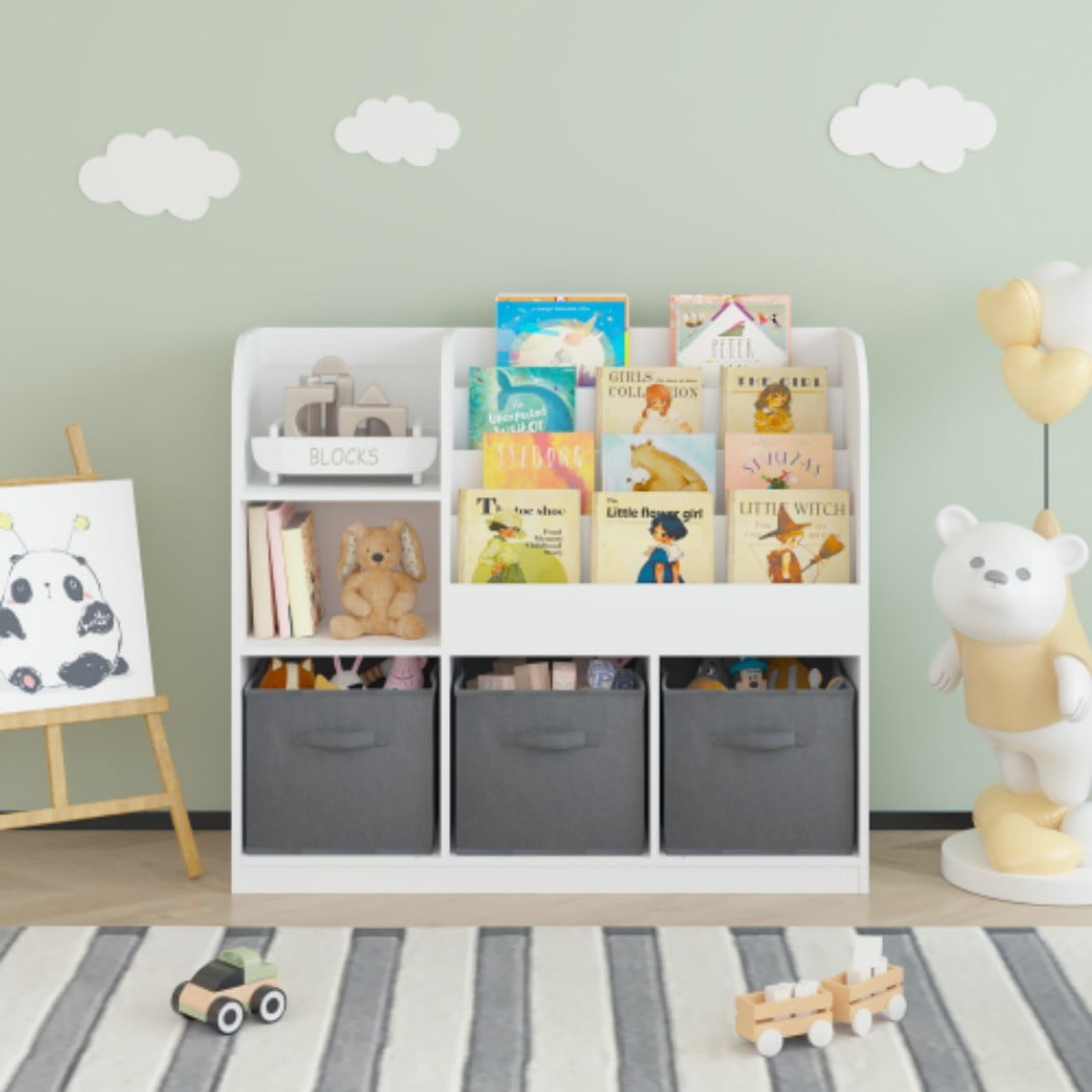 Kids Bookcase and Bookshelf, Multifunctional Children's Bookcase with 3 Collapsible Fabric Drawers, Book Display Stand & Toy Storage Organizer for Bedroom, Playroom & Hallway, White/Gray