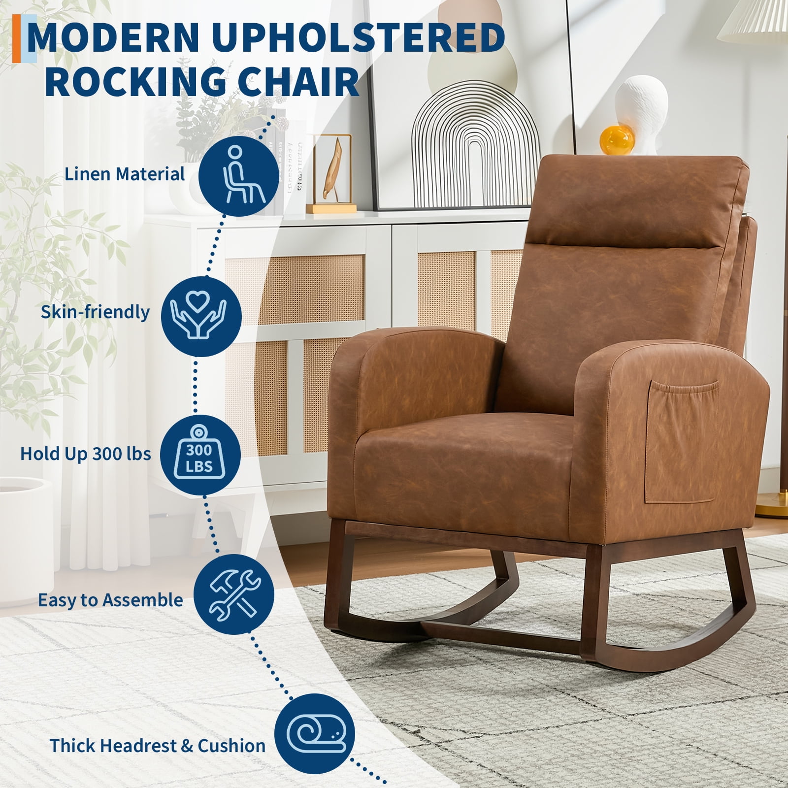 Nursery Rocking Chair with High Backrest and Side Pocket, 300lb Glider Chair with Solid Wood Legs&Two Side Pockets, Glider Accent Armchair with Rubber Wood Legs for Living Room, Bedroom, or Nursery