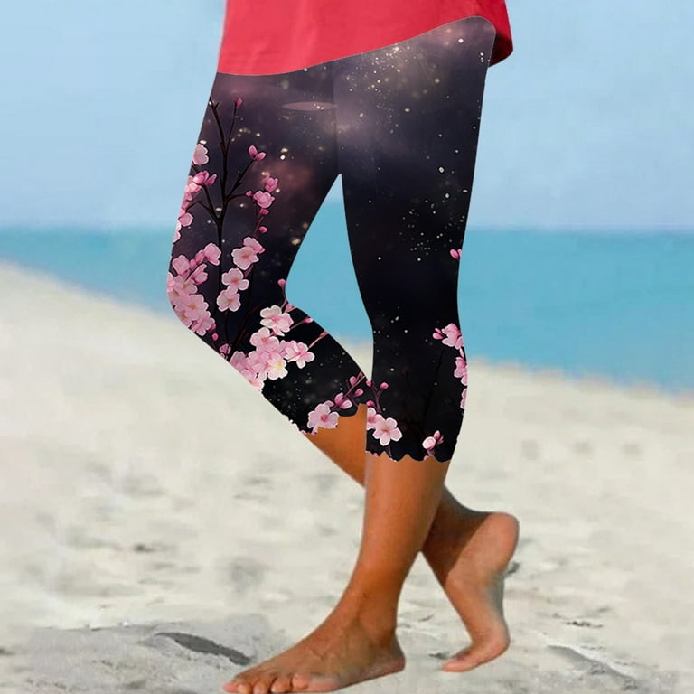 WNVMWI Leggings for Women Yoga Pants 70S Disco Outfits Floral Print Capri Leggings for Women Stretch Capri Pants Summer Plus Size High Waisted Soft Yoga Pants Jeggings High Waisted Yoga Pants