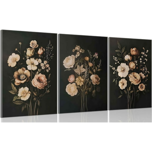Dark Floral Canvas Wall Art Vintage Moody White Rose Flower Painting Picture Wall Decor Victorian Botanical black Still Life Poster Print Artwork for Living Room Bedroom（Only canvas）