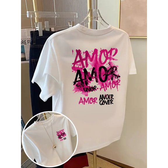 front and back short sleeve t shirt love print womens spring summer trendy printed t shirt fashion statement weekend dates and