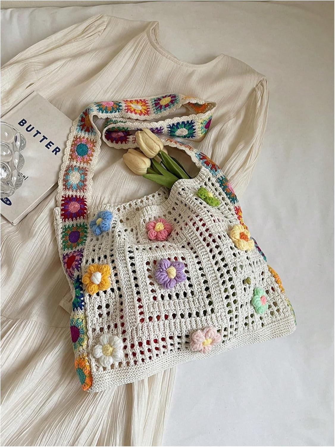 CAILDANL Women's Boho Embroidery Crossbody Bag Hollow Out Crochet Knit Shoulder Bag Tote Handbag