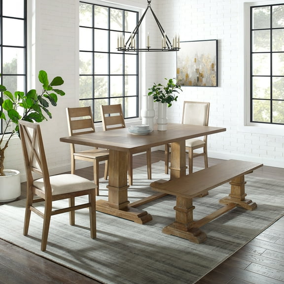 Farmhouse Dining Set - 6 Piece Table, Bench & Chairs - Rustic Brown Kitchen Set