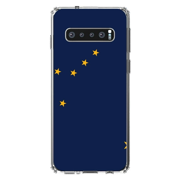 DistinctInk Clear Shockproof Hybrid Case for Samsung Galaxy S10  PLUS(6.4" Screen) - TPU Bumper, Acrylic Back, Tempered Glass Screen Protector - Alaska State Flag - US State Flag