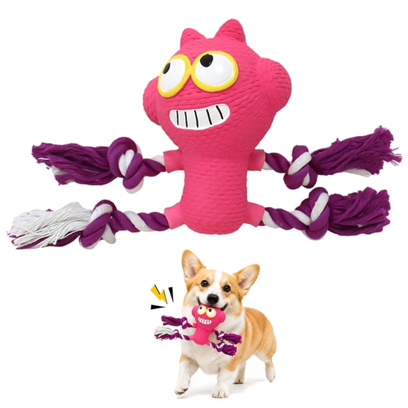 Deeow Dog Squeaky Chew Toy, Monster Shaped Textured Latex Head with Braided Rope Limbs, Interactive Tug Teething Toy for Small & Medium Dogs