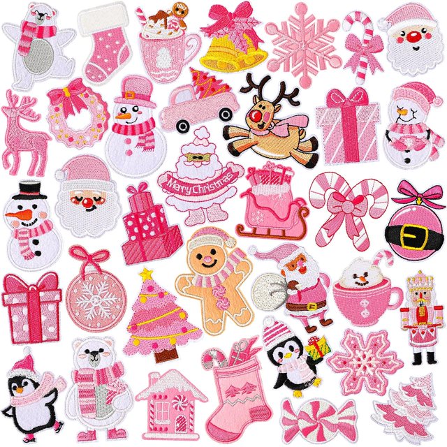 Parche con apliques de tela AUGSUN, 36 unidades, rosa, navideño, termoadhesivo