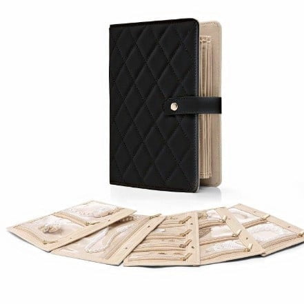 Organizador plegable de joyería de viaje con bolsas transparentes con cremallera y forro de terciopelo – Estuche portátil de cuero para collares, anillos y pendientes