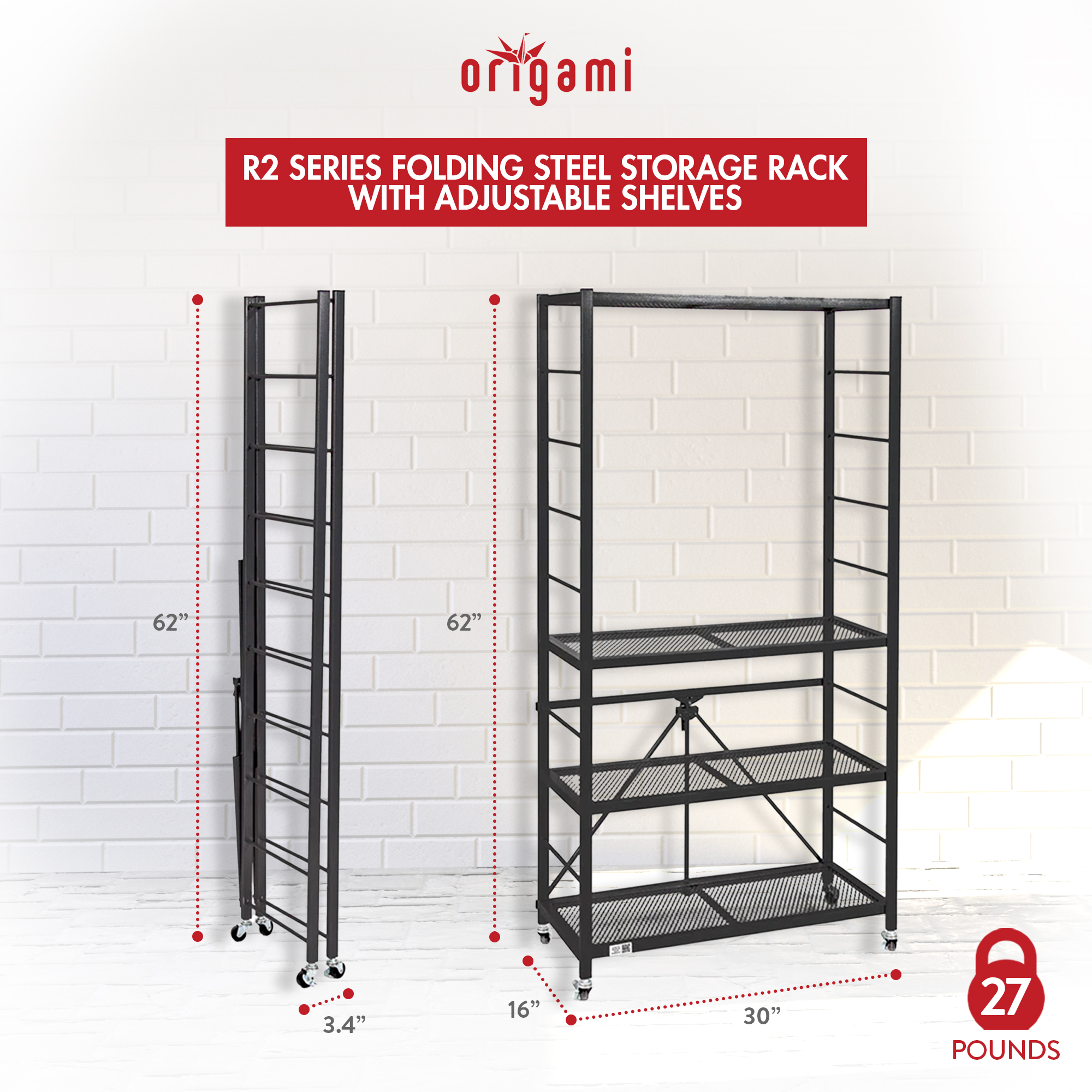 Origami 4-Shelf Adjustable R2 Series Storage Rack, Black