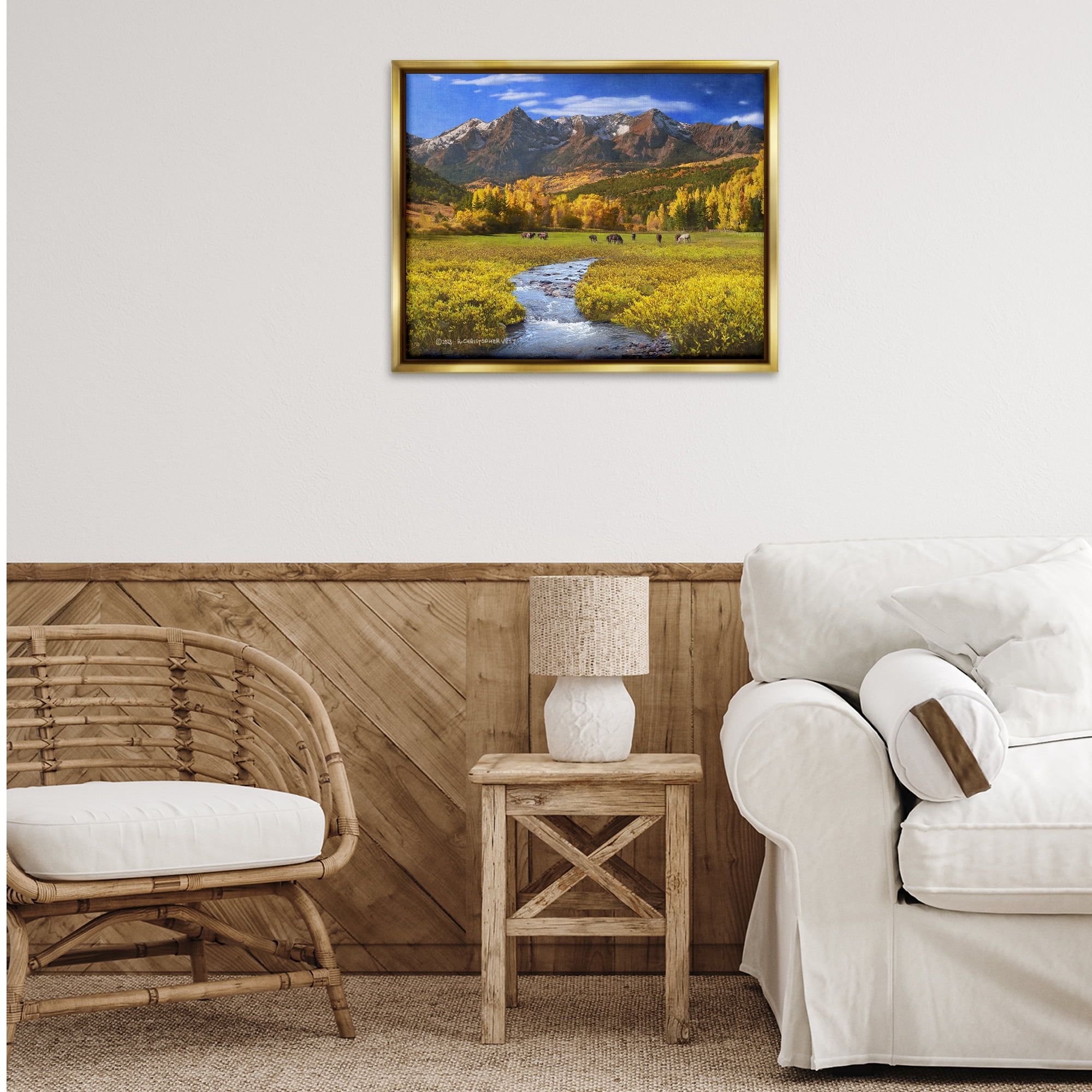 Stupell Industries Horse Ranch Autumn View Landscape & Nature Photography Gold Floater Framed Canvas Art Print Wall Art, 31 x 25