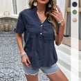 thumbnail image 2 of Camiseta con cuello en V para mujer, manga corta, puños enrollados, botón frontal, blusas sueltas informales, 2 of 7