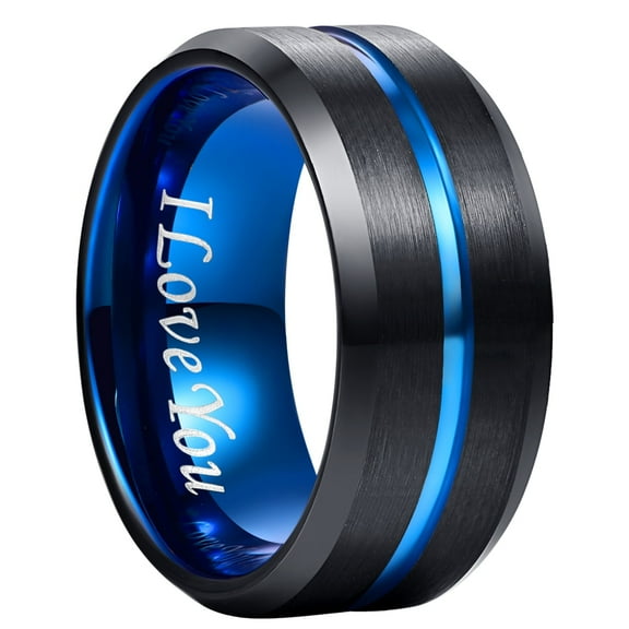 10mm Black Tungsten Carbide Ring with Blue Groove Men's Wedding Band Engraved I Love You Size 7-17