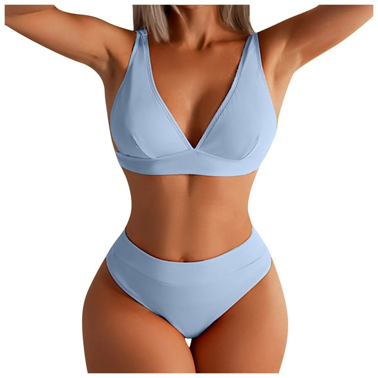 NILLLY Swimwear for Women, Women's Sexy Solid Color Panel Flat Chest High  Waist Bikini Split Swimsuit Light blue / M 