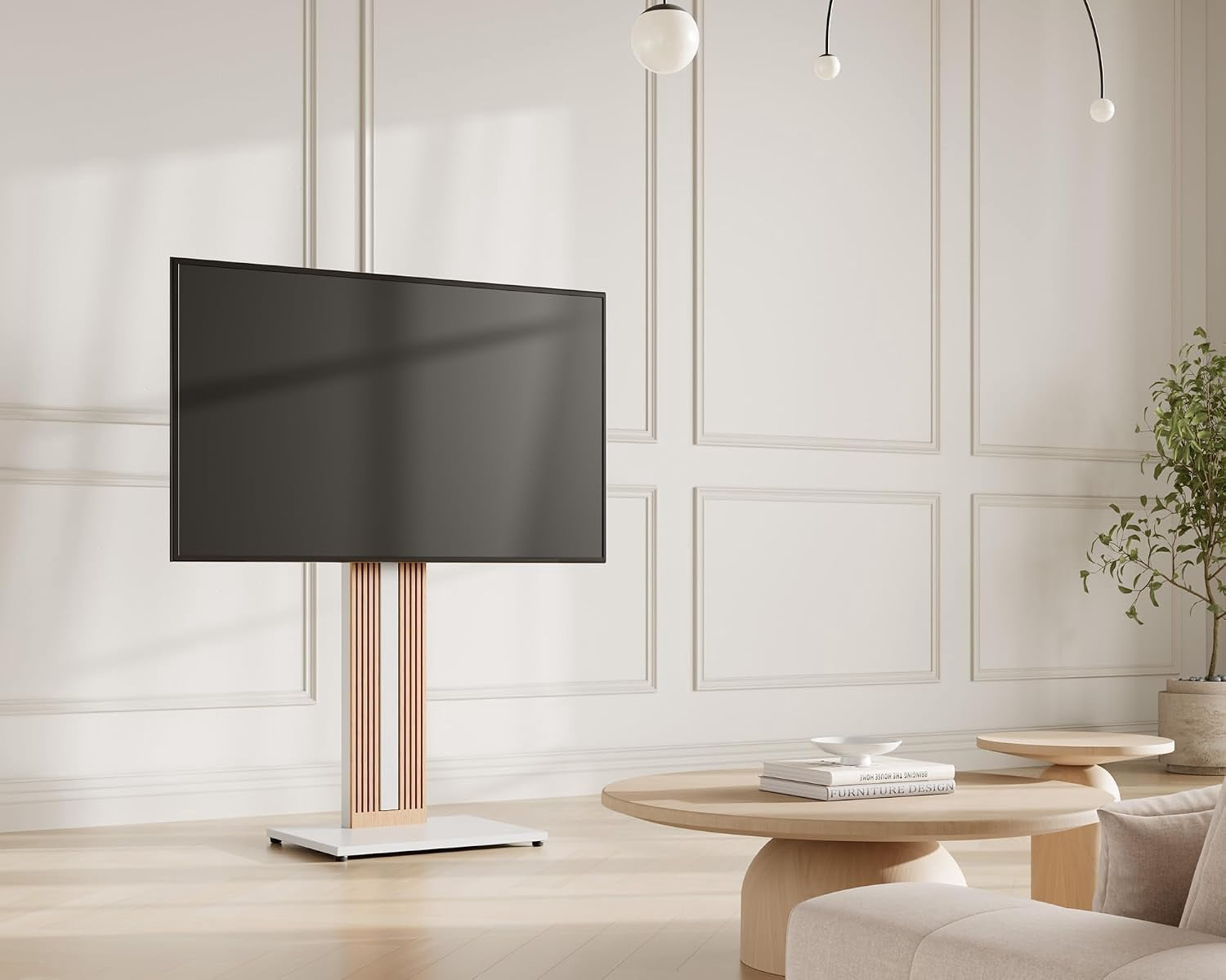 FITUEYES Zen Series Floor TV Stand for 32–65 Inch TVs, White & Light Wood, Hidden Storage