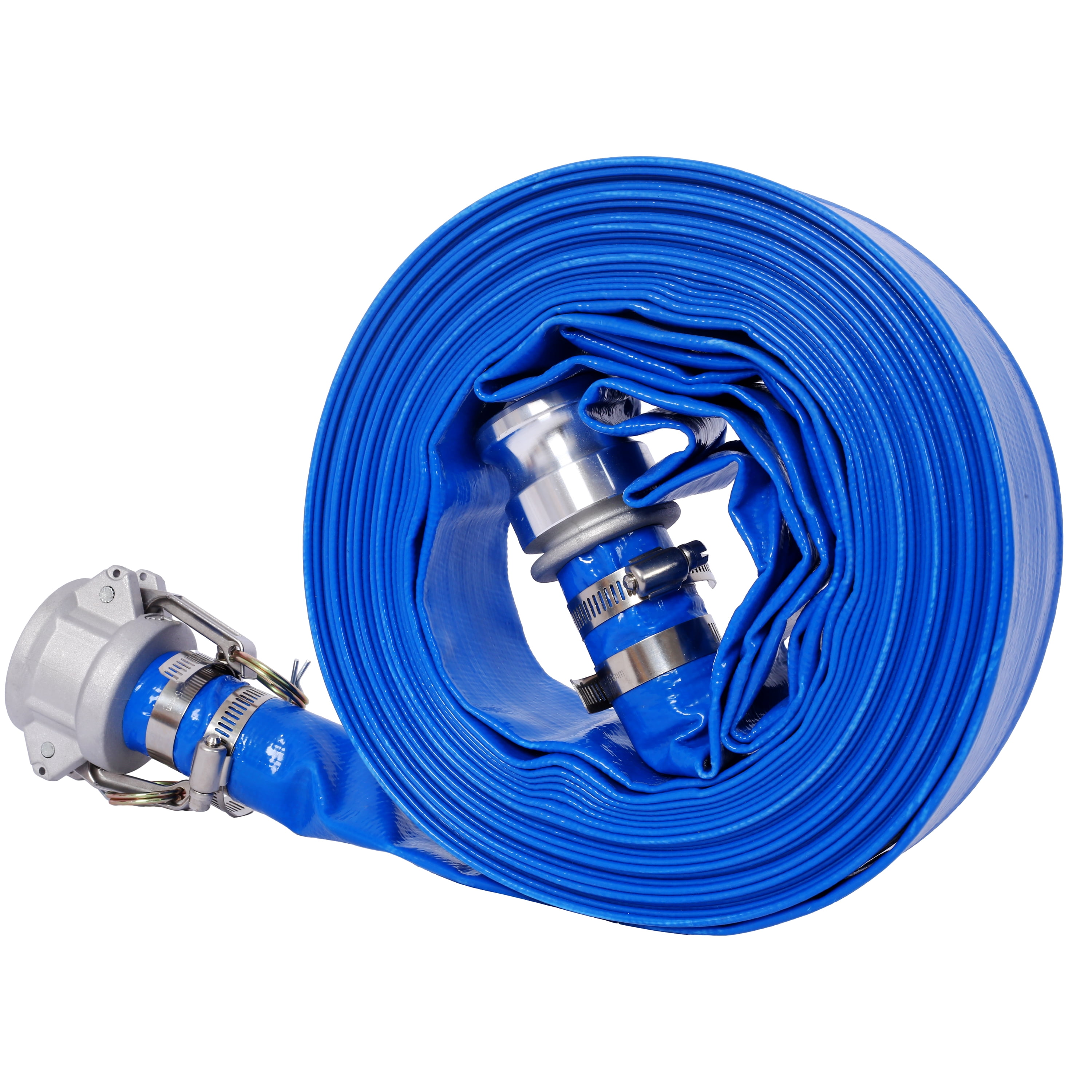 , 2"x50Ft Pool Backwash Hose, Heavy Duty Reinforced Blue PVC Lay Flat Water Discharge Pump Hoses For Swimming Drain Pools and Clean Filters, with Aluminum Camlock C and E Fittings, Blue ,Pvc ,