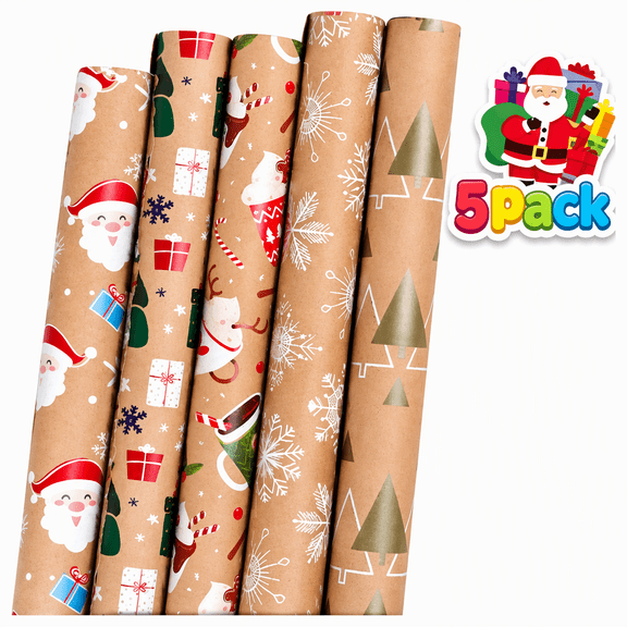 5 Pack Kraft Christmas Wrapping Paper Roll,Cartoon Santa,Tree,Snowman,Snowflake,Holiday Wrapping Paper for Xmas Party Decorations,17In x 9.84Ft