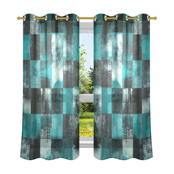 2 Panels Set Blackout Curtains Thermal Insulated Sun Protection Room Darkening Drapes for Bedroom Teal and Black Squares