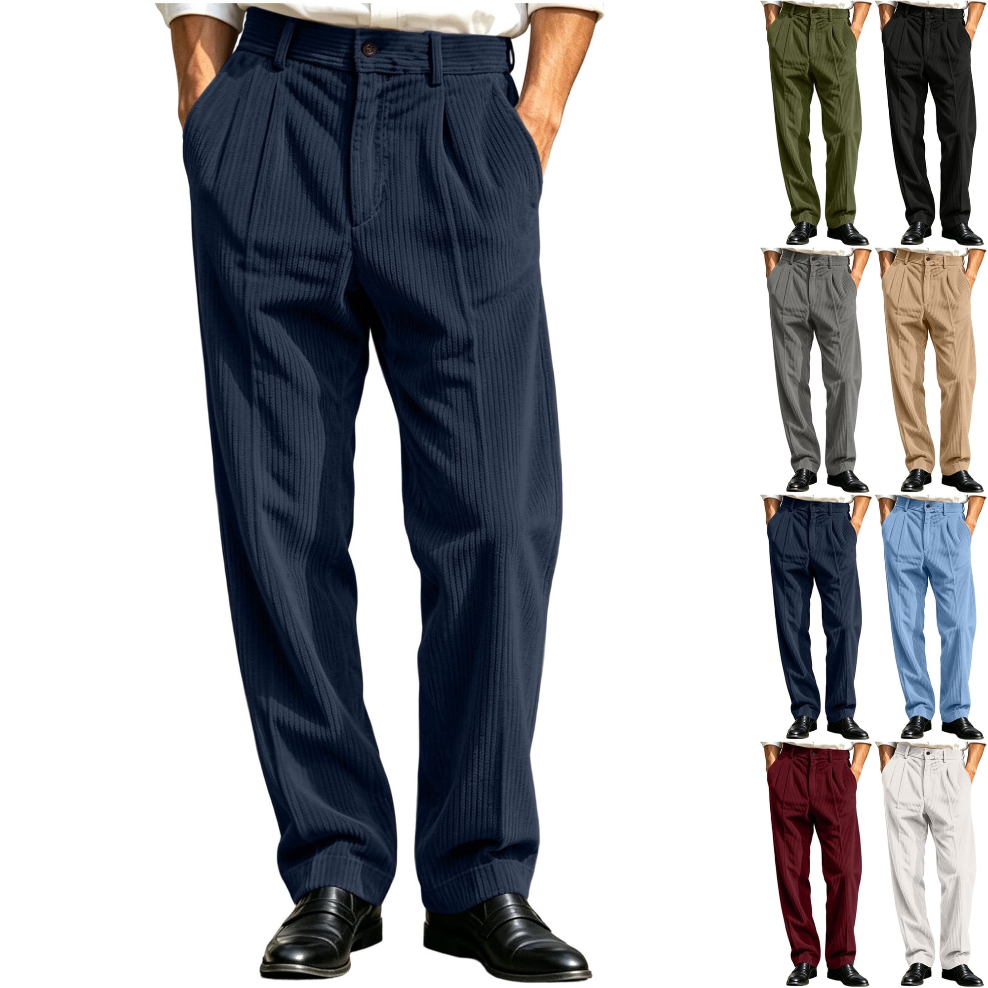 Men s Pleated Dress Pants Ribbed Texture Straight Leg Slacks Business Casual Trousers Belt Loops for Fall Office Work Daily Wear Navy L