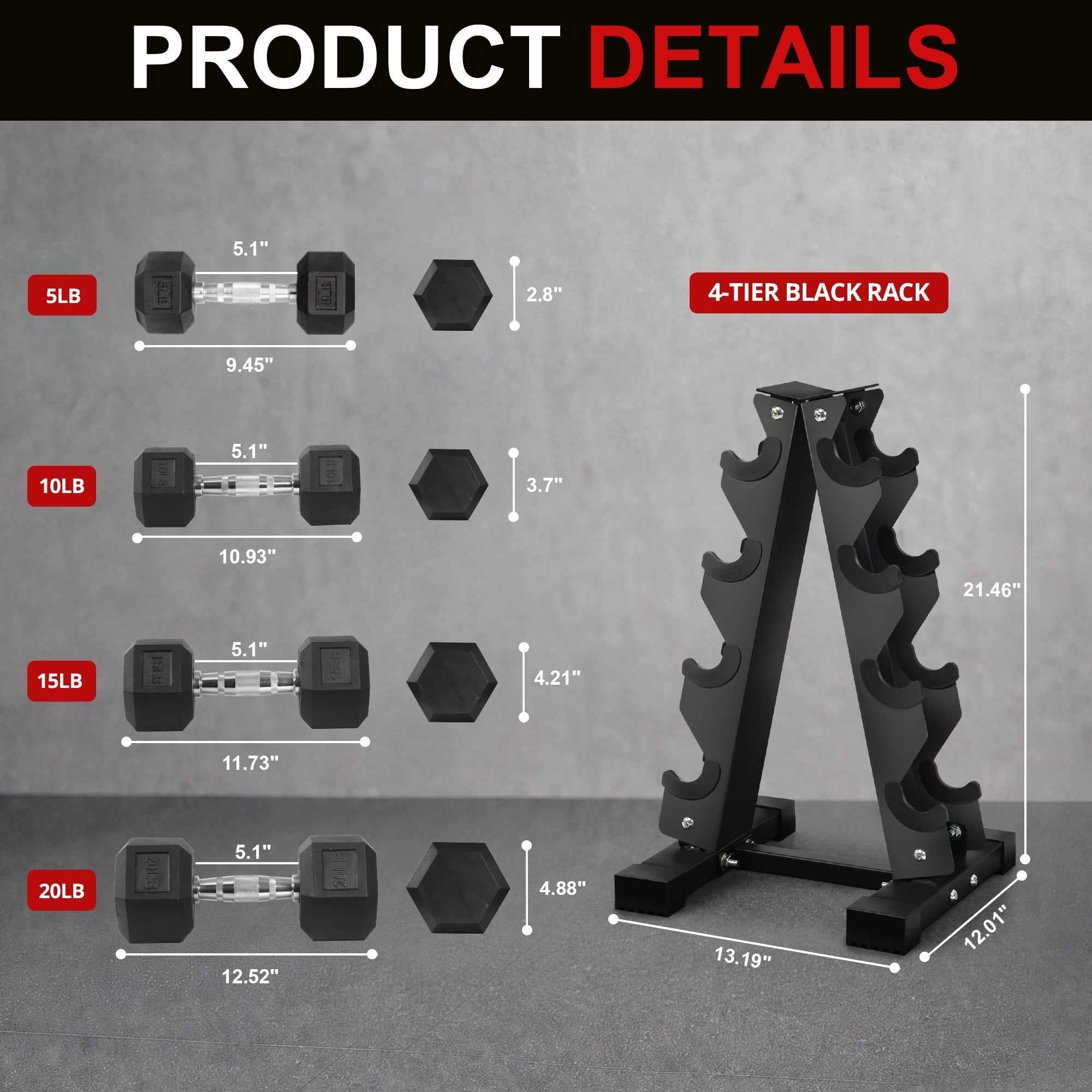 Sprint Demon 100 LB Rubber Hex Dumbbell Set with A-Frame Rack, 5-20 LB Free Weights Set for Home Gym Strength Training