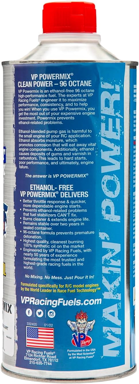 VP Racing Powermix 25:1 Fuel – Premium Ethanol-Free RC Car Fuel | 2 Quart Can | For Giant Scale RC Engines
