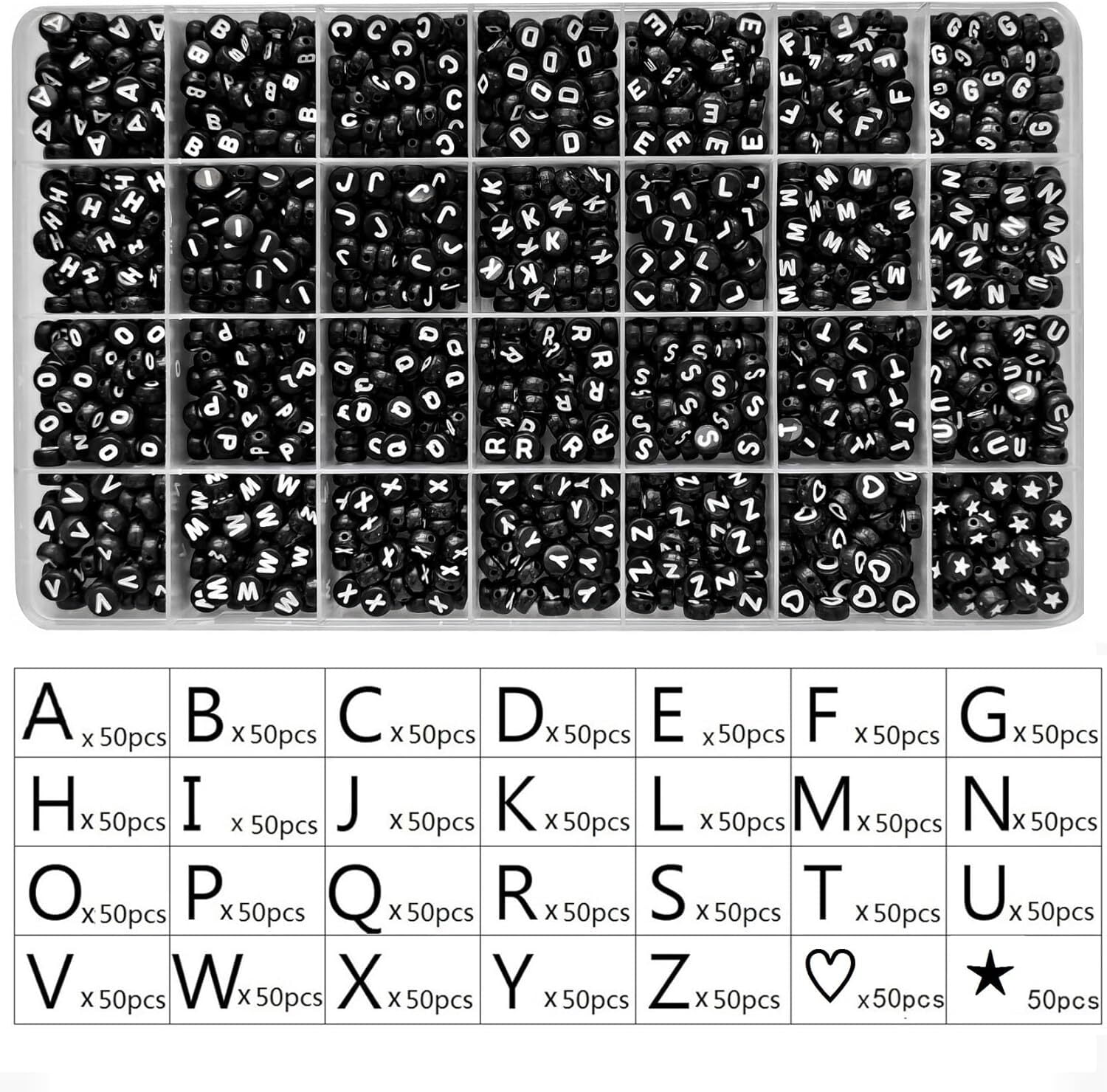 1400 Pieces Round Alphabet Letter Beads A-Z 4x7mm Black Acrylic with Colorful Letter and Crystal Line for Jewelry Making, Style 2