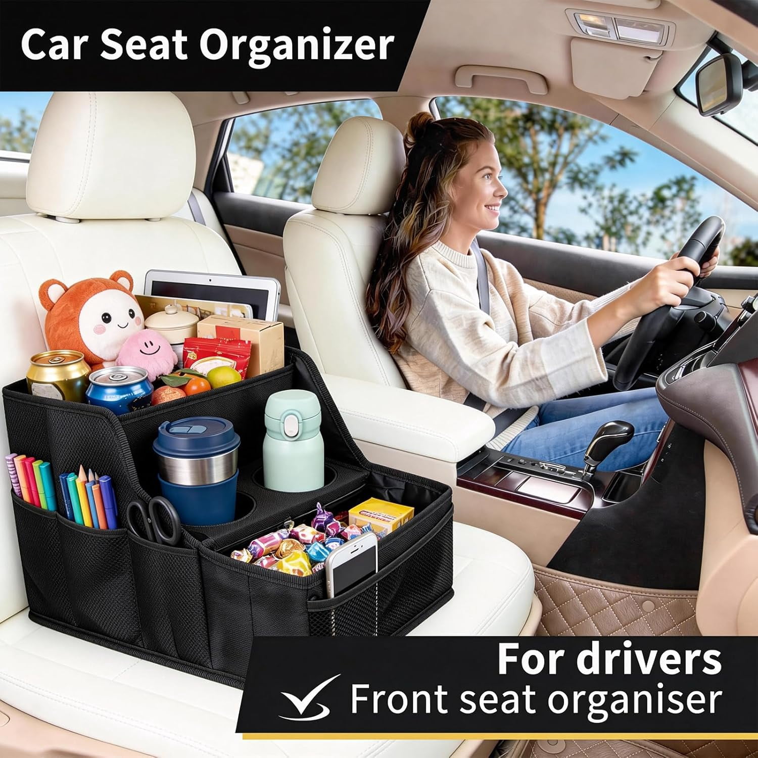Car Seat Organizer Backseat and Passenger with 9 Compartments 2 Cup Holders Front Storage for Travel Kids，Black