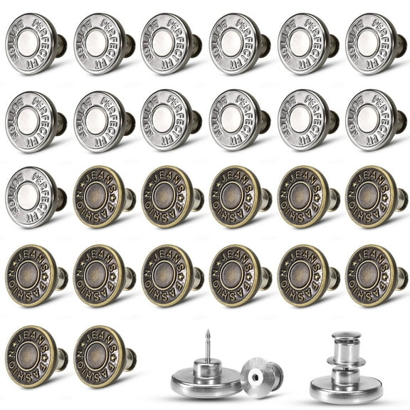 26 Set 17 mm Extra Jean Buttons for Loose Jeans, No Sew Metal Replacement Button Pins, Adjustable Pants Button Tightener, Snap Tack Jean Clips to Tighten Waist Size Down (Coppery & Silver)