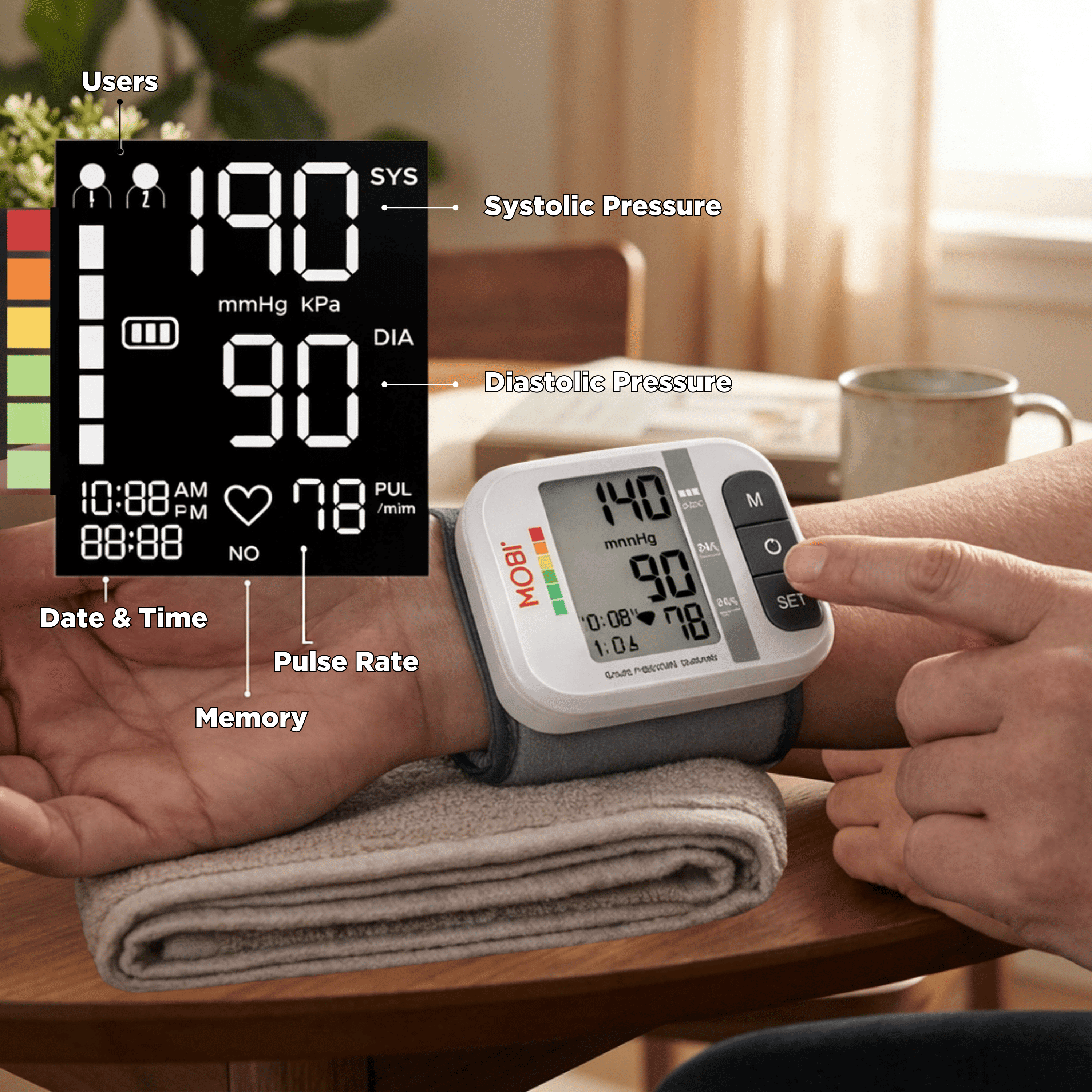 (6 pack) MOBI Blood Pressure Cuff - Wrist Blood Pressure Monitor - Automatic BP Cuff with Large LCD Display - Pulse Rate, Irregular Heart Rate Monitor
