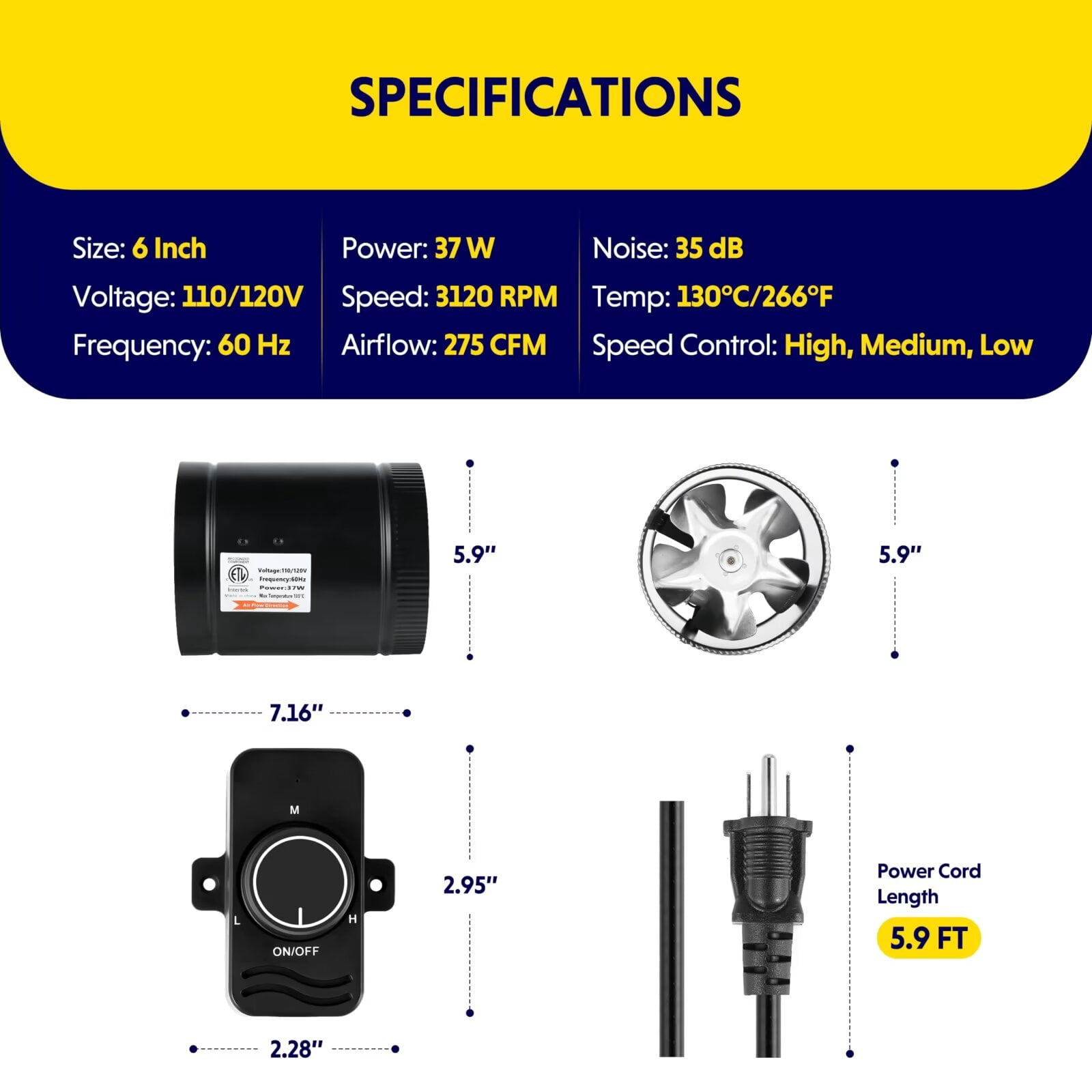 iPower 6 Inch Inline Booster Duct Fan with Speed Controller, 275 CFM Exhaust Fan HVAC Ventilation Duct Blower for Bathroom, Kitchen, Basement, Attic and Grow Tent