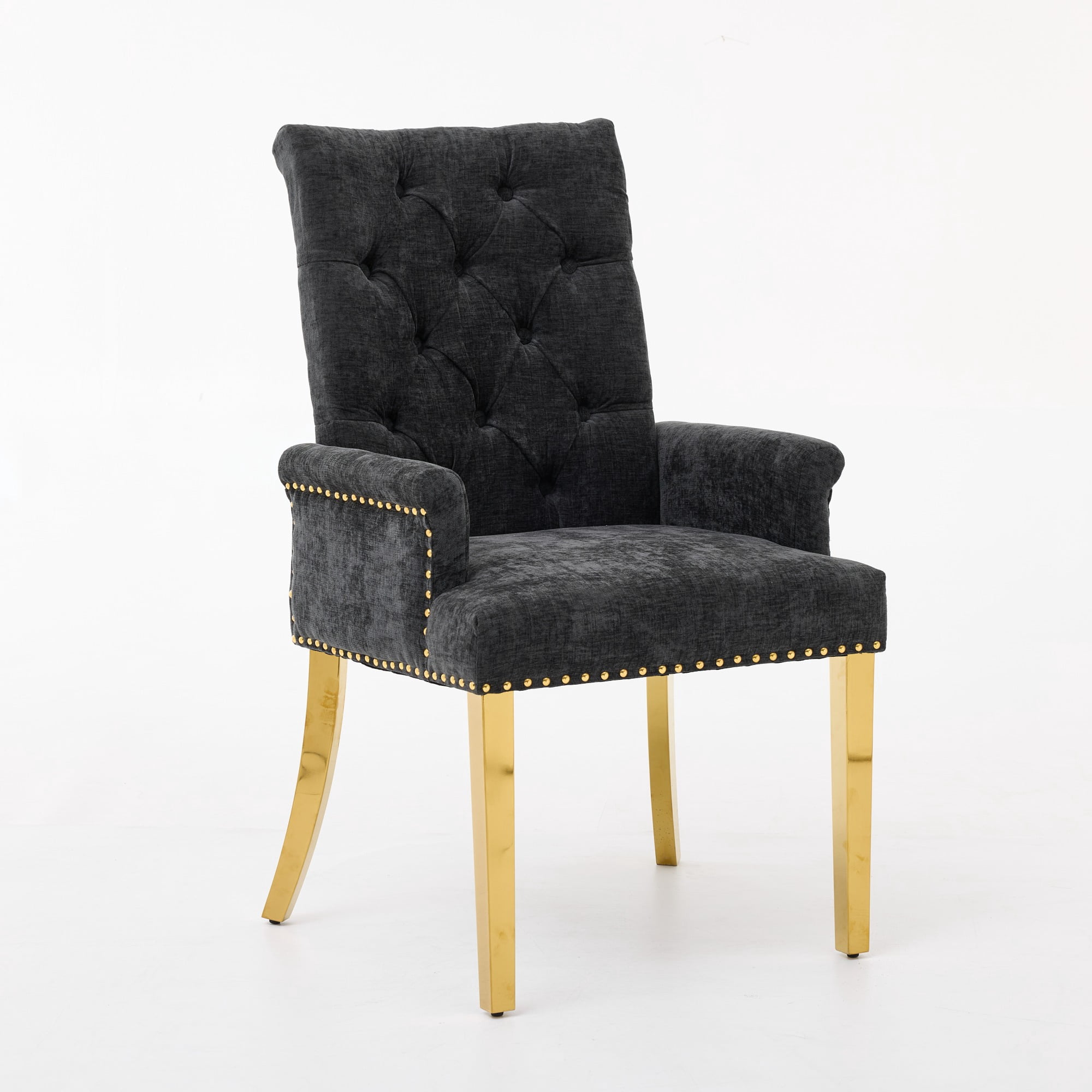 Upholstered Dining Chairs with Arms, Tufted Button High‑Back Accent Chair, Handcrafted Nailhead Trim Dining Side Chair with S‑Spring Cushion & Stainless Steel Legs, Set of 1,Black,SW1695BK