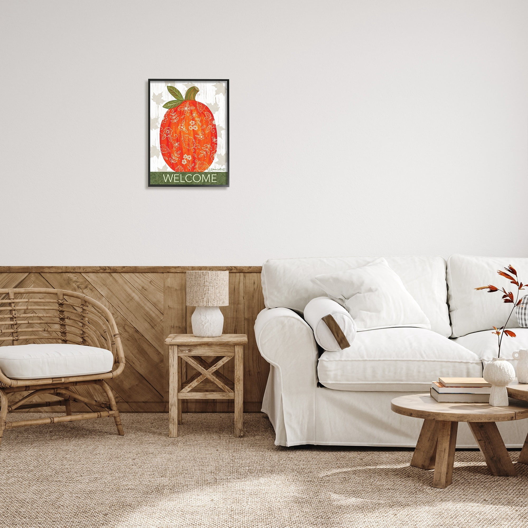 Stupell Industries Patterned Autumn Botanicals Pumpkin Welcome Sign Graphic Art Black Framed Art Print Wall Art, Design by Annie LaPoint