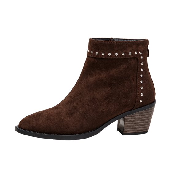 Willtoo Vintage Cowgirl Ankle Boots for Women, Silver Rivet Studded Trim Pointed Toe Side Zipper Wood Block Heel Short Booties, Comfort Casual Fashion Rodeo Fall Winter Boots