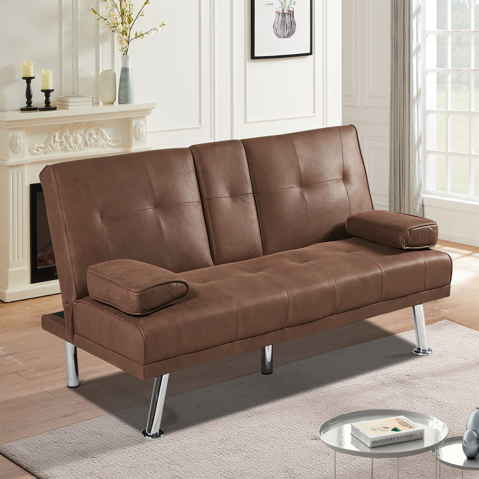 Spaco Convertible Sleeper Couch and Futon Sofa Bed Faux Leather with 2 Cup Holders, Brown Spaco Convertible Sleeper Couch and Futon Sofa Bed Faux Leather with 2 Cup Holders, Brown