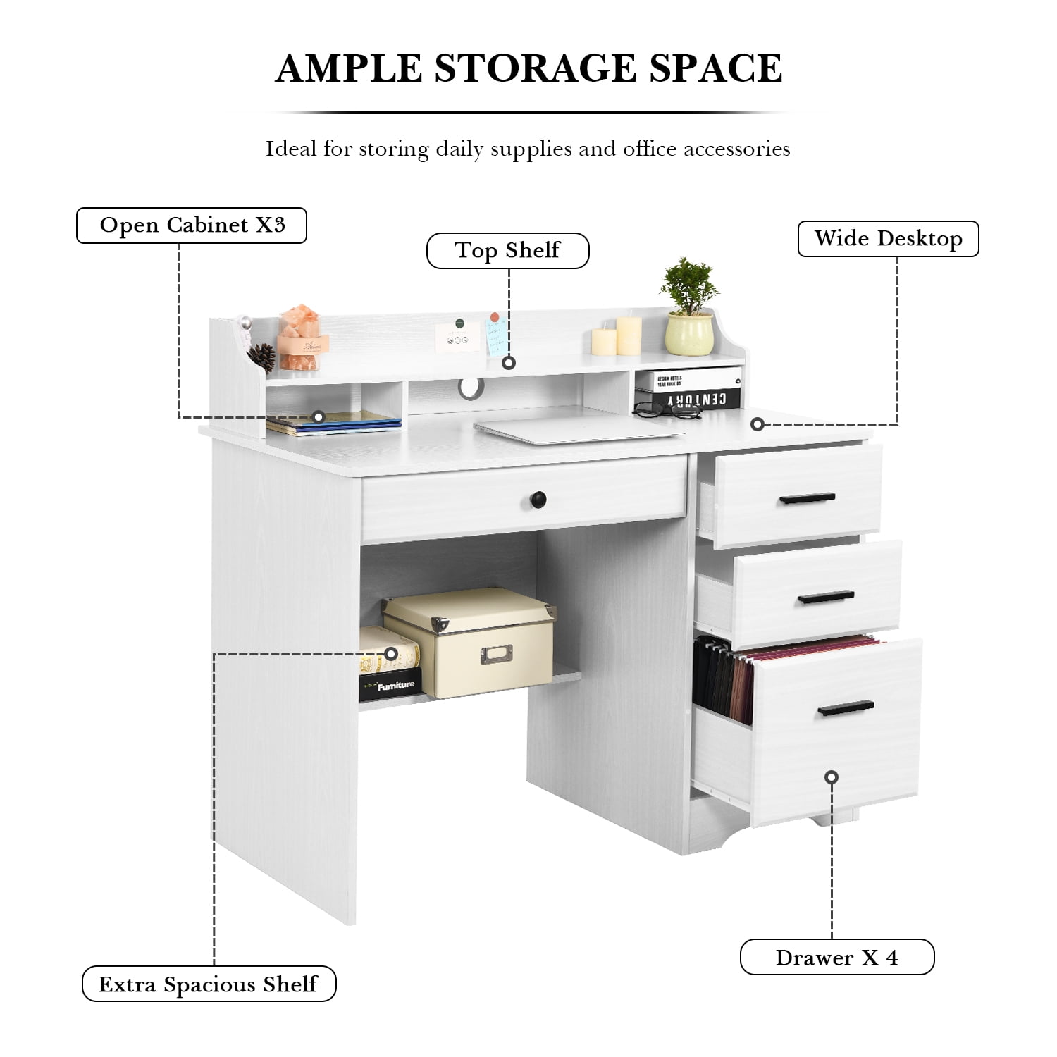 4 Ever Wooden L-Shaped Desk with Hutch & Storage, White